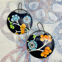 Load image into Gallery viewer, Blossoms On Midnight Blue Circles Upcycled Tin Earrings