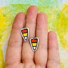Load image into Gallery viewer, Tiny Candy Corn Upcycled Tin Earrings