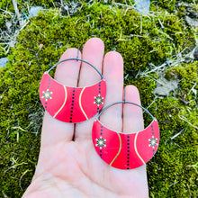Load image into Gallery viewer, Scarlet with Gold &amp; Black Circles Upcycled Tin Earrings