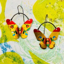 Load image into Gallery viewer, Shimmery Gold &amp; Scarlet Small Butterflies Upcycled Tin Earrings