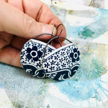 Load image into Gallery viewer, Midnight Blue Tiny Flowers Circles Upcycled Tin Earrings