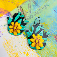 Load image into Gallery viewer, Yellow Blossoms Classic Hamsa Upcycled Tin Earrings