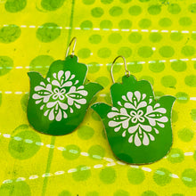 Load image into Gallery viewer, White Mandala on Bright Green Classic Hamsa Upcycled Tin Earrings