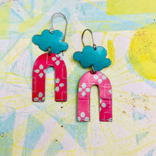 Load image into Gallery viewer, Turquoise Clouds &amp; cerise Horseshoes Upcycled Tin Earrings