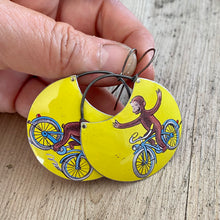 Load image into Gallery viewer, Playing on the Bike Curious George Circles Upcycled Tin Earrings