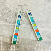 Load image into Gallery viewer, Aquas &amp; Pop of Orange Fenced &amp; Folded Rectangle Tin Earrings