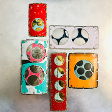 Load image into Gallery viewer, Encircled Weathered Red Over Pale Aqua Upcycled Tin Brooch