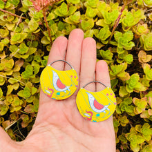 Load image into Gallery viewer, Mod Birds on Goldenrod Crescent Circles Upcycled Tin Earrings
