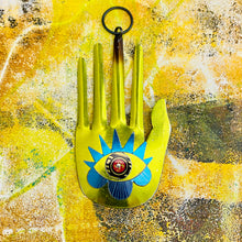 Load image into Gallery viewer, Large Hamsa In Shimmery Lemon &amp; Peacock Tin Wall Art