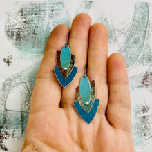 Load image into Gallery viewer, Teal Screen &amp; Rustic Red Reuleaux Triangle Upcycled Teardrop Tin Earrings