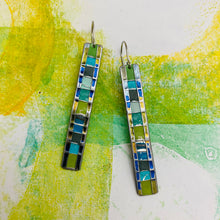 Load image into Gallery viewer, Fenced &amp; Folded Mixed Greens Narrow Rectangle Tin Earrings