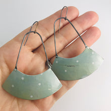 Load image into Gallery viewer, Pale Celadon White Dots Large Fan Recycled Tin Earrings