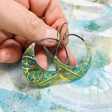 Load image into Gallery viewer, Teal &amp; Gold Crescent Circles Upcycled Tin Earrings
