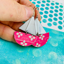 Load image into Gallery viewer, Pale Mint Flowers on Cerise Upcycled Tin Sailboat Earrings