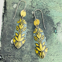 Load image into Gallery viewer, Golden Flowers on Washed Denim Upcycled Tin Earrings
