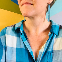 Load image into Gallery viewer, Pink &amp; Gold Patterned Long Narrow Tin Earrings