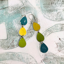 Load image into Gallery viewer, Teal, Goldenrod &amp; Olive Tri-Teardrop Upcycled Tin Earrings
