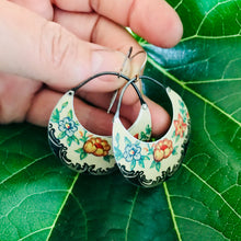 Load image into Gallery viewer, Midnight Edged Flowers Crescent Circles Upcycled Tin Earrings