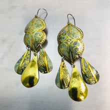 Load image into Gallery viewer, Verdigris &amp; Golden Swirls Zero Waste Tin Chandelier Earrings