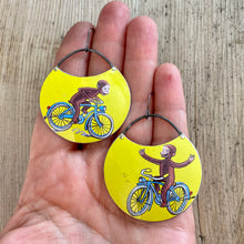 Load image into Gallery viewer, Playing on the Bike Curious George Circles Upcycled Tin Earrings