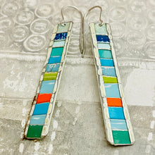 Load image into Gallery viewer, Aquas &amp; Pop of Orange Fenced &amp; Folded Rectangle Tin Earrings