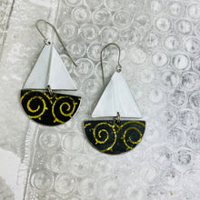 Load image into Gallery viewer, Golden Swirls on Midnight Upcycled Tin Sailboat Earrings