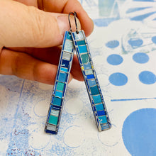 Load image into Gallery viewer, Fenced &amp; Folded Blues Rectangle Tin Earrings