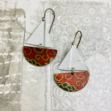 Load image into Gallery viewer, Rustic Red &amp; Golden Swirls Upcycled Tin Sailboat Earrings