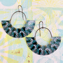 Load image into Gallery viewer, Leaf Mandala Teals Half Moon Tin Earrings