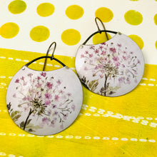 Load image into Gallery viewer, Purple-y Pink Allium Blossoms Circles Upcycled Tin Earrings
