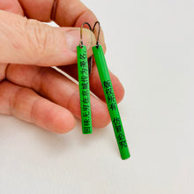 Load image into Gallery viewer, RESERVED Bright Green Kanji Long Narrow Tin Earrings