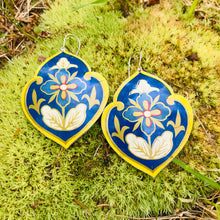 Load image into Gallery viewer, Big Blue Flowers in Yellow Frame Upcycled Tin Earrings