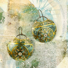 Load image into Gallery viewer, Teal &amp; Gold Circles Upcycled Tin Earrings