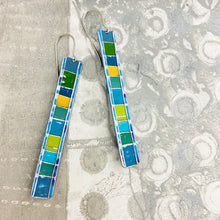 Load image into Gallery viewer, Fenced &amp; Folded Blues &amp; Pop of Sunshine Rectangle Tin Earrings