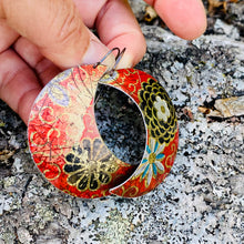 Load image into Gallery viewer, Midnight Zinnias on Red Big Moons Upcycled Tin Earrings