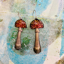 Load image into Gallery viewer, Dotty Red Capped Mushrooms Upcycled Tin Earrings