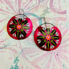 Load image into Gallery viewer, Midnight Mandala on Magenta Circles Upcycled Tin Earrings