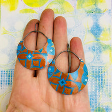 Load image into Gallery viewer, Patterned Blue &amp; Rusty Orange Crescent Circles Tin Earrings