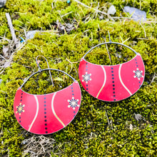 Load image into Gallery viewer, Scarlet with Gold &amp; Black Circles Upcycled Tin Earrings