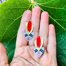 Load image into Gallery viewer, Antique Gold &amp; Sunburst Reuleaux Triangle Upcycled Teardrop Tin Earrings
