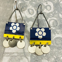 Load image into Gallery viewer, Silver Blossoms on Sapphire Rectdangles Upcycled Tin Earrings