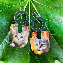 Load image into Gallery viewer, Gray Kittens Chunky Horseshoe Tin Earrings