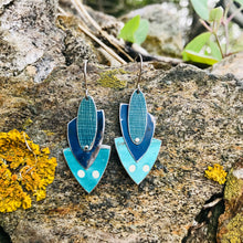 Load image into Gallery viewer, Shimmery Teal Reuleaux Triangle Upcycled Teardrop Tin Earrings