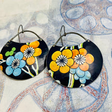 Load image into Gallery viewer, Big Blossoms On Midnight Blue Circles Upcycled Tin Earrings