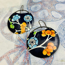 Load image into Gallery viewer, Blossoms On Midnight Blue Circles Upcycled Tin Earrings