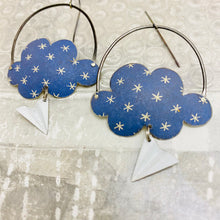 Load image into Gallery viewer, Asterisks on Faded Denim Clouds &amp; Paper Airplanes Tin Earrings