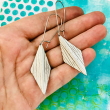 Load image into Gallery viewer, Linear Textured White Harlequin Upcycled Tin Earrings Tin Anniversary Gift