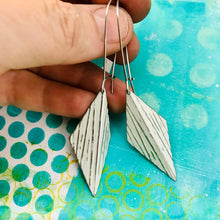 Load image into Gallery viewer, Linear Textured White Harlequin Upcycled Tin Earrings Tin Anniversary Gift