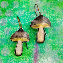 Load image into Gallery viewer, Tiny Spotty Capped Mushrooms Upcycled Tin Earrings