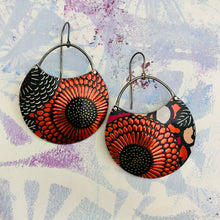 Load image into Gallery viewer, Shimmery Red Sunflowers Circles Upcycled Tin Earrings